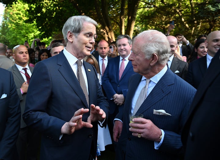 Britain's King Charles III speaks with U.S. Treasury Secretary Scott Bessent during a garden party at the British Embassy, on April 27, 2026, in Washington.