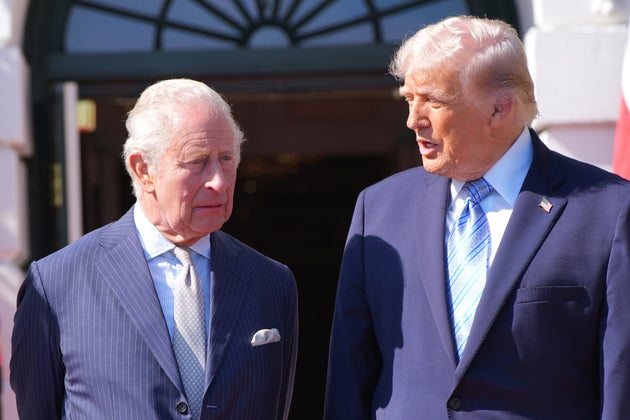 President Donald Trump talks with King Charles III at the White House, Monday, April 27, 2026, in Washington. 