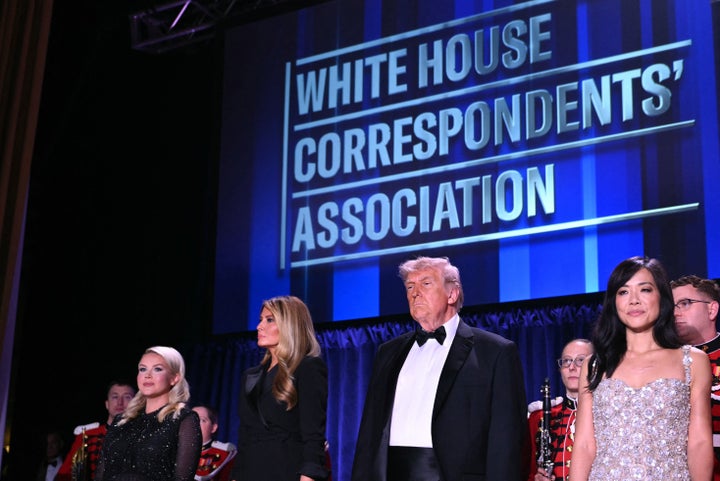 White House press secretary Karoline Leavitt, first lady Melania Trump, President Donald Trump and CBS News senior White House correspondent Weijia Jiang at the White House Correspondents' Dinner, prior to the shooting.