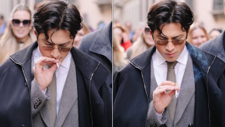 “Heated Rivalry” star Hudson Williams smoking outside the Giorgio Armani men’s fashion show, Jan. 19, in Milan.