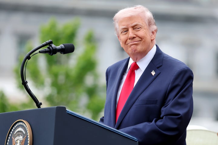 WASHINGTON, DC - APRIL 28: U.S. President Donald Trump gives a speech during the State Arrival Ceremony on the South Lawn on day two of the State Visit of King Charles III and Queen Camilla to the United States of America, on April 28, 2026 in Washington, DC. (Photo by Chris Jackson/Getty Images)