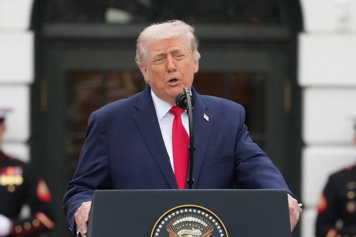 President Donald Trump speaks during a State Visit arrival ceremony with Britain's King Charles III on the South Lawn of the White House, Tuesday, April 28, 2026, in Washington. (AP Photo/Alex Brandon)