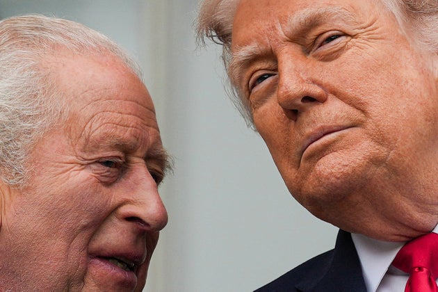 King Charles and Donald Trump speak as troops march past during a State Visit arrival ceremony on the South Lawn of the White House.