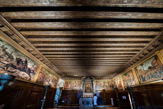 A view of Venetian Renaissance artist Vittore Carpaccio's cycle of paintings adorning the ground floor of the Dalmatian School in Venice, northern Italy, Wednesday, Dec. 7, 2022. On November 20th, the National Gallery of Washington inaugurated the first retrospective exhibition of Carpaccio’s works outside of Italy. It will run until February 12, 2023. (AP Photo/Domenico Stinellis)