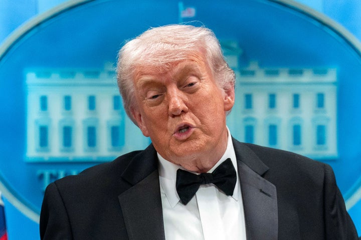 President Donald Trump speaks in the James Brady Press Briefing Room at the White House after an unspecified threat at the annual White House Correspondents' Association Dinner in Washington, Saturday, April 25, 2026. (AP Photo/Jose Luis Magana)
