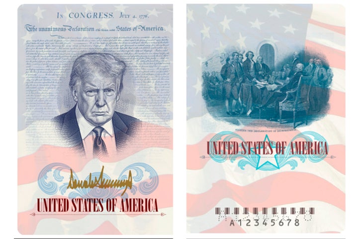 A rendering of limited-edition passports set to feature President Donald Trump's image, provided to The Associated Press by the State Department.