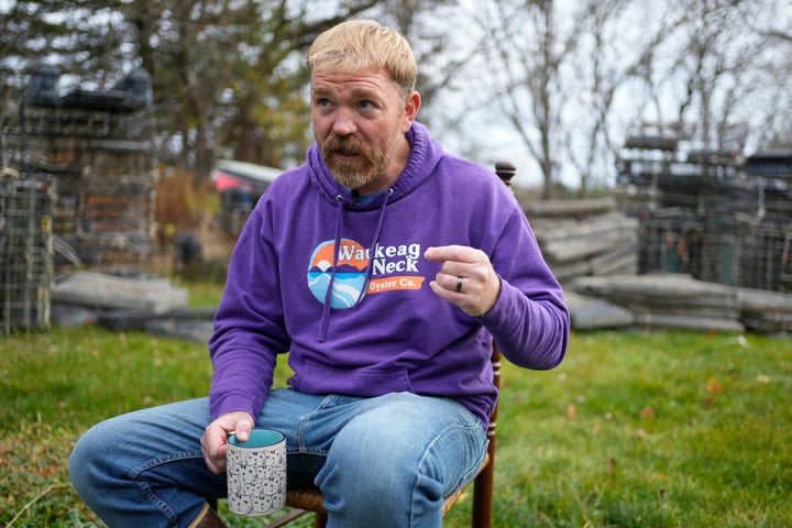 Graham Platner, Democratic candidate for U.S. Senate, speaks to a reporter at his home on Nov. 3, 2025, in Sullivan, Maine.
