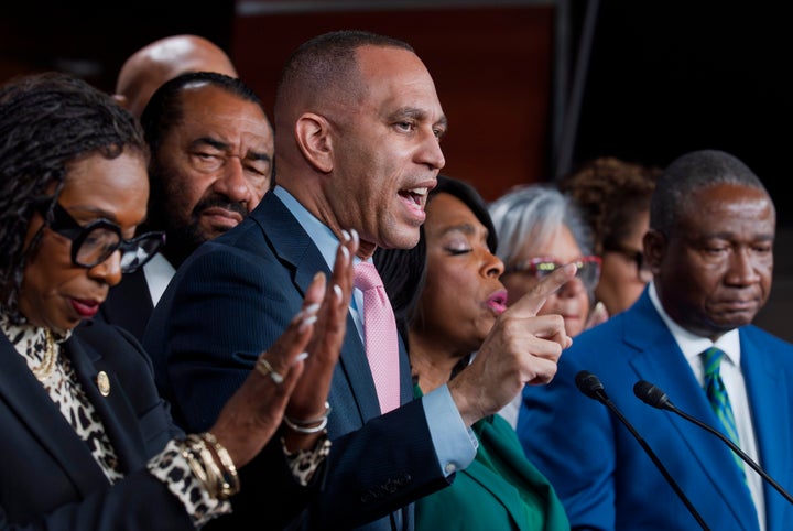House Minority Leader Hakeem Jeffries, D-N.Y., and members of the Congressional Black Caucus speak to reporters in the wake of the Supreme Court ruling to strike down a majority Black congressional district in Louisiana, at the Capitol in Washington, Wednesday, April 29, 2026. (AP Photo/J. Scott Applewhite)