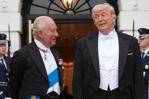 Donald Trump greets King Charles at the South Portico of the White House for a state dinner on Tuesday.