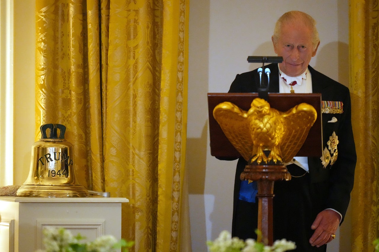 Britain's King Charles III speaks during a State Dinner with President Donald Trump, first lady Melania Trump and Queen Camilla in the East Room of the White House State Dinner Tuesday, April 28, 2026, in Washington. (AP Photo/Alex Brandon)