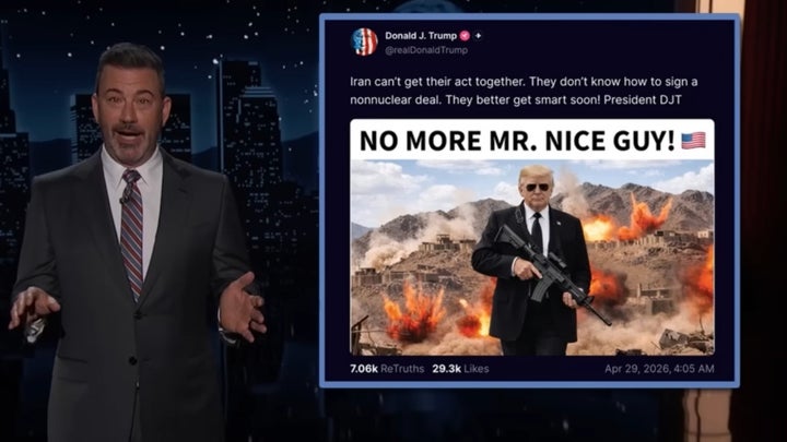 Jimmy Kimmel roasting President Trump's threat against the Iranians during an episode of "Jimmy Kimmel Live!" on April 29, 2026.