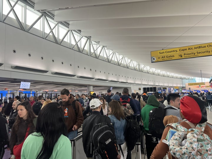Long TSA security lines are visible at JFK Airport, Queens, New York, April 20, 2026. (Photo by Smith Collection/Gado/Getty Images)