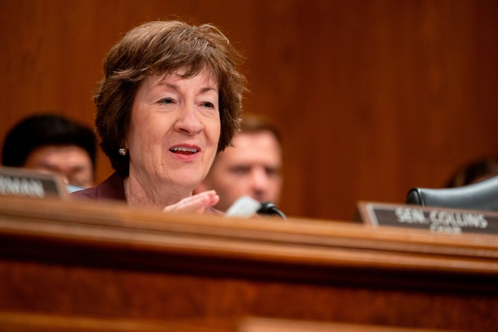 Sen. Susan Collins, R-Maine, questions Veterans Affairs Secretary Doug Collins during a Senate Committee on Appropriations, Subcommittee on Military Construction, Veterans Affairs, and Related Agencies hearing on the President's Fiscal Year 2027 Budget Request for the Department of Veterans Affairs, Thursday, April 30, 2026 in Washington. (AP Photo/Kevin Wolf)