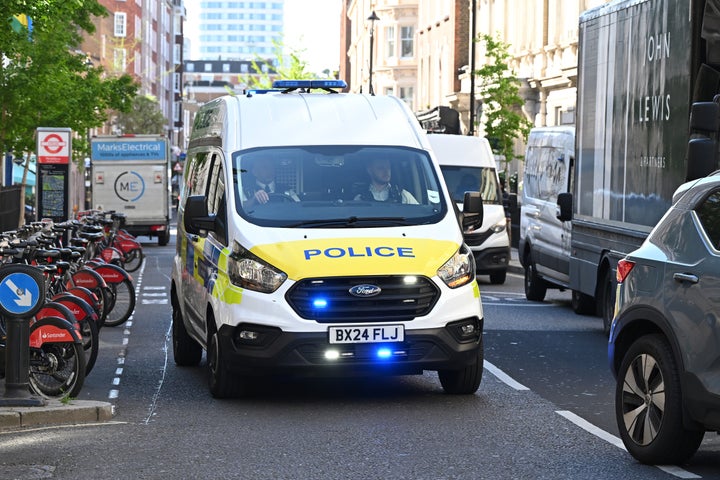 A Police van arrives at Westminster Magistrates' Court as Essa Suleiman is due in court charged with attempted murder on May 1, 2026 in London, England.