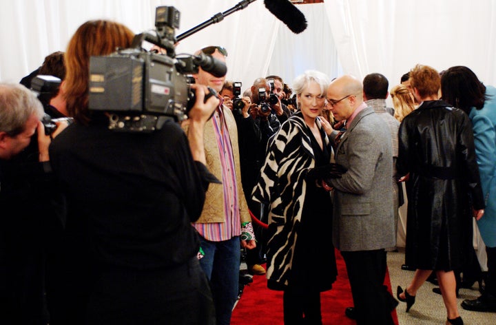 Meryl Streep and Stanley Tucci on the set of The Devil Wears Prada