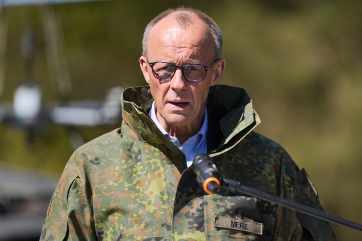 German Chancellor Friedrich Merz gives a statement during his visit to the army at the Bundeswehr base in Munster, Germany, Thursday, April, 30, 2026. (AP Photo/Markus Schreiber)