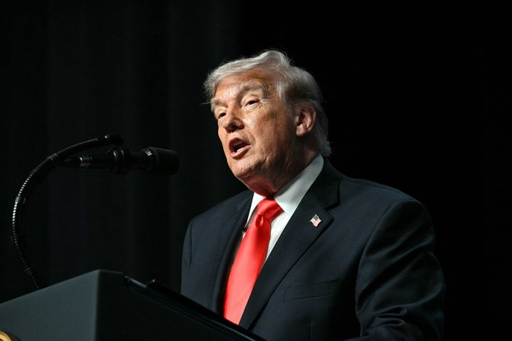 President Donald Trump speaks at The Forum Club of the Palm Beaches Dinner at the Raymond F. Kravis Center for the Performing Arts in West Palm Beach, Florida on May 1, 2026. (Photo by Jim WATSON / AFP via Getty Images)
