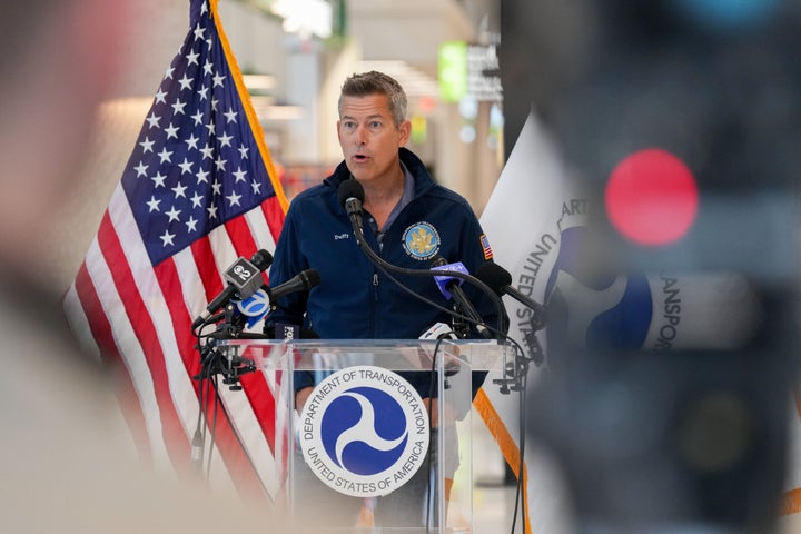 Sean Duffy, U.S. secretary of transportation, during a news conference in Terminal A at Newark Liberty International Airport (EWR) in Newark, New Jersey, US, on Saturday, May 2, 2026. (Adam Gray/Bloomberg via Getty Images)