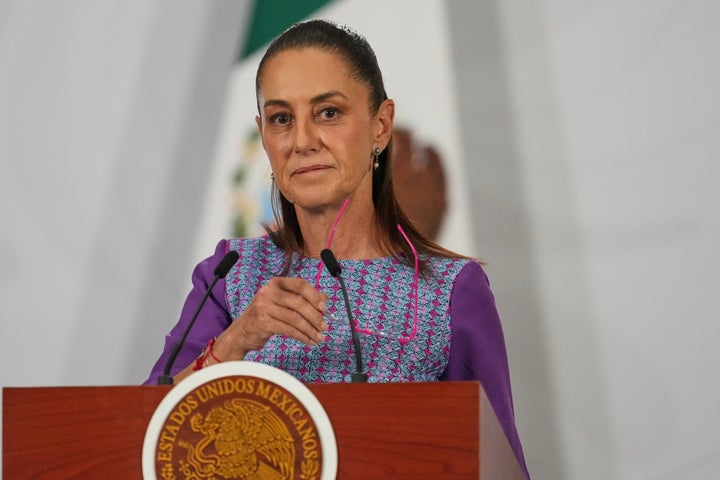 President Claudia Sheinbaum holds her daily morning press conference at the National Palace in Mexico City on Thursday, April 30, 2026. (AP Photo/Fernando Llano)