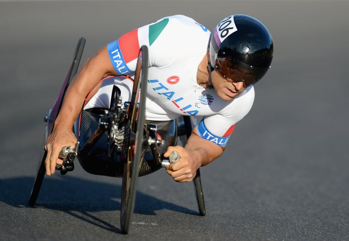 Alessandro Zanardi of Italy takes part in the Mixed H 1-4 relay on Day 10 of the London 2012 Paralympic Games at Brands Hatch on September 8, 2012 in Longfield, England. (Photo by Gareth Copley/Getty Images)