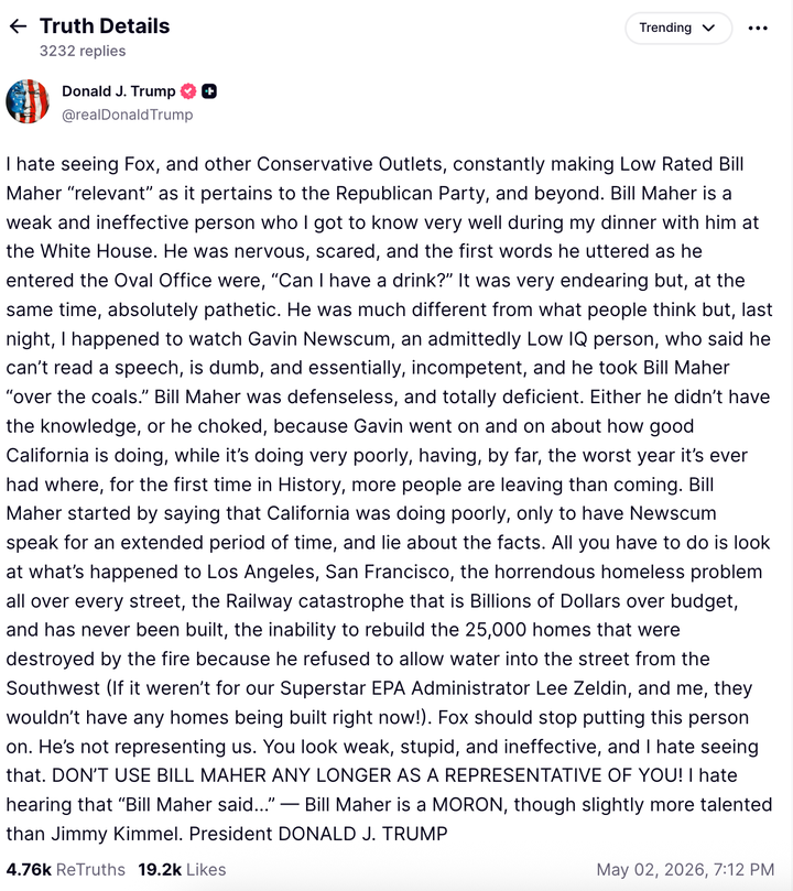 President Donald Trump on Saturday posted about Fox News airing a clip from Bill Maher's "Real Time" show.