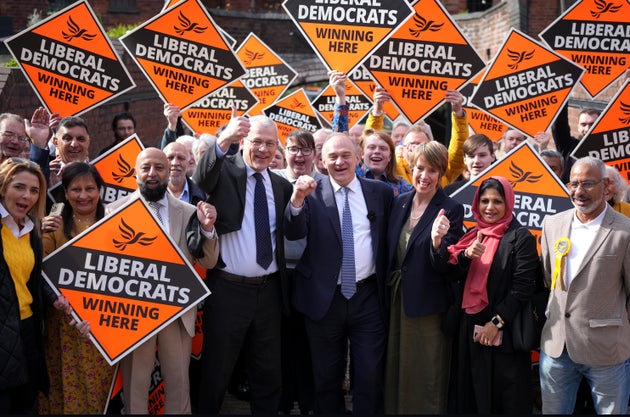 Liberal Democrat party leader Sir Ed Davey (C), along with Roger Harmer, leader of Birmingham Liberal Democrats (CL), launches their local election campaign at The Roundhouse on April 10, 2026