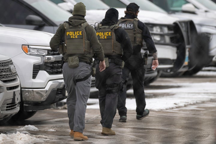 ICE officers depart the Bishop Henry Whipple Federal Building on Feb. 4, 2026, in Minneapolis, Minnesota.