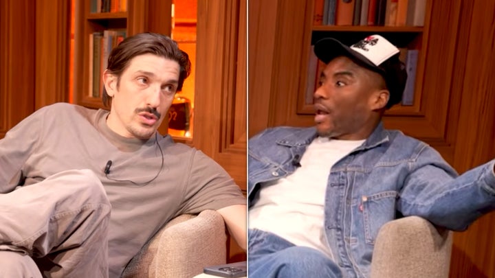 Comedian Andrew Schulz and Charlamagne tha God during the “Brilliant Idiots” podcast on Saturday.