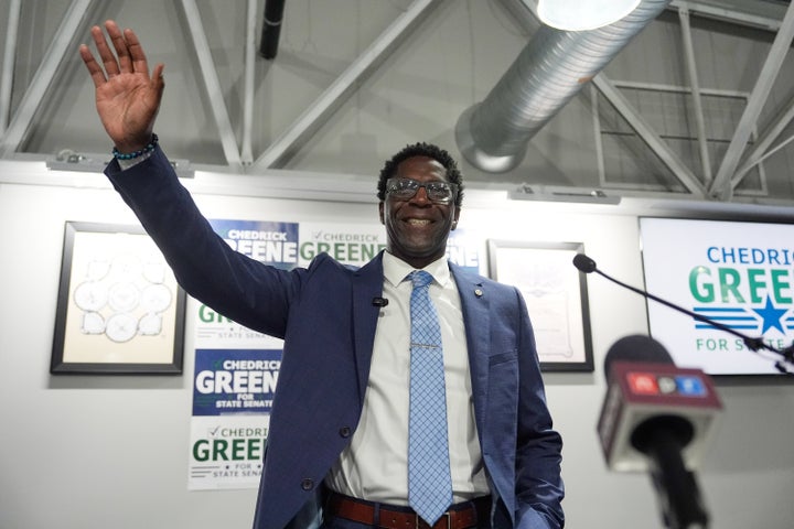 Chedrick Greene, Democratic candidate for 35th Senate District, speaks Tuesday, May 5, 2026 in Saginaw, Mich. (AP Photo/Paul Sancya)