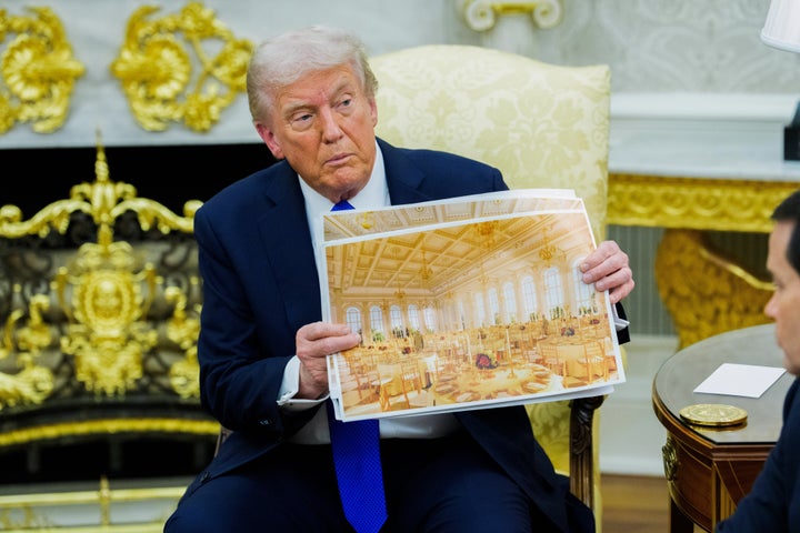 The ballroom interiors are consistent with the Trump branding aesthetic that the president has brought to the Oval Office and other parts of the White House. 