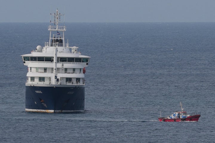 The MV Hondius cruise ship is anchored at a port in Praia, Cape Verde, on Wednesday.