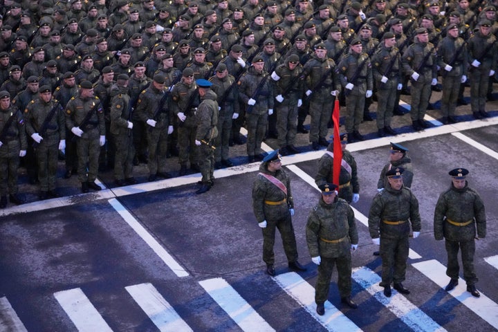 Russian servicemen gather prior to the Victory Day military parade rehearsal in Moscow, Wednesday, April 29, 2026. 