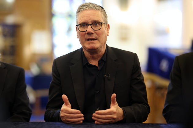 Britain's Prime Minister Keir Starmer speaks as he visits Kenton United Synagogue, which was recently the target of an attempted arson, in the Kenton district of London, Thursday, April 23, 2026.