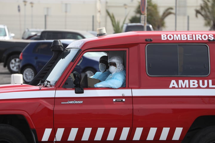 An ambulance involved in the evacuation of passengers suspected of hantavirus infection is pictured in Praia, Cabo Verde, on May 6, 2026. (Photo by Elton Monteiro/Xinhua via Getty Images)