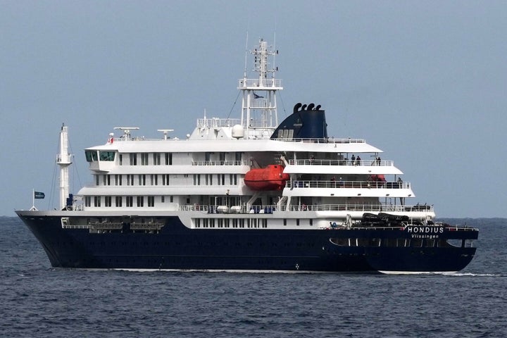 The MV Hondius cruise ship departs the port in Praia, Cape Verde, on Wednesday.