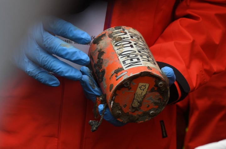 Photo taken on March 27, 2022 shows the second black box recovered at the crash site of the China Eastern Airlines' plane in Tengxian County, south China's Guangxi Zhuang Autonomous Region. (Photo by Lu Boan/Xinhua via Getty Images)