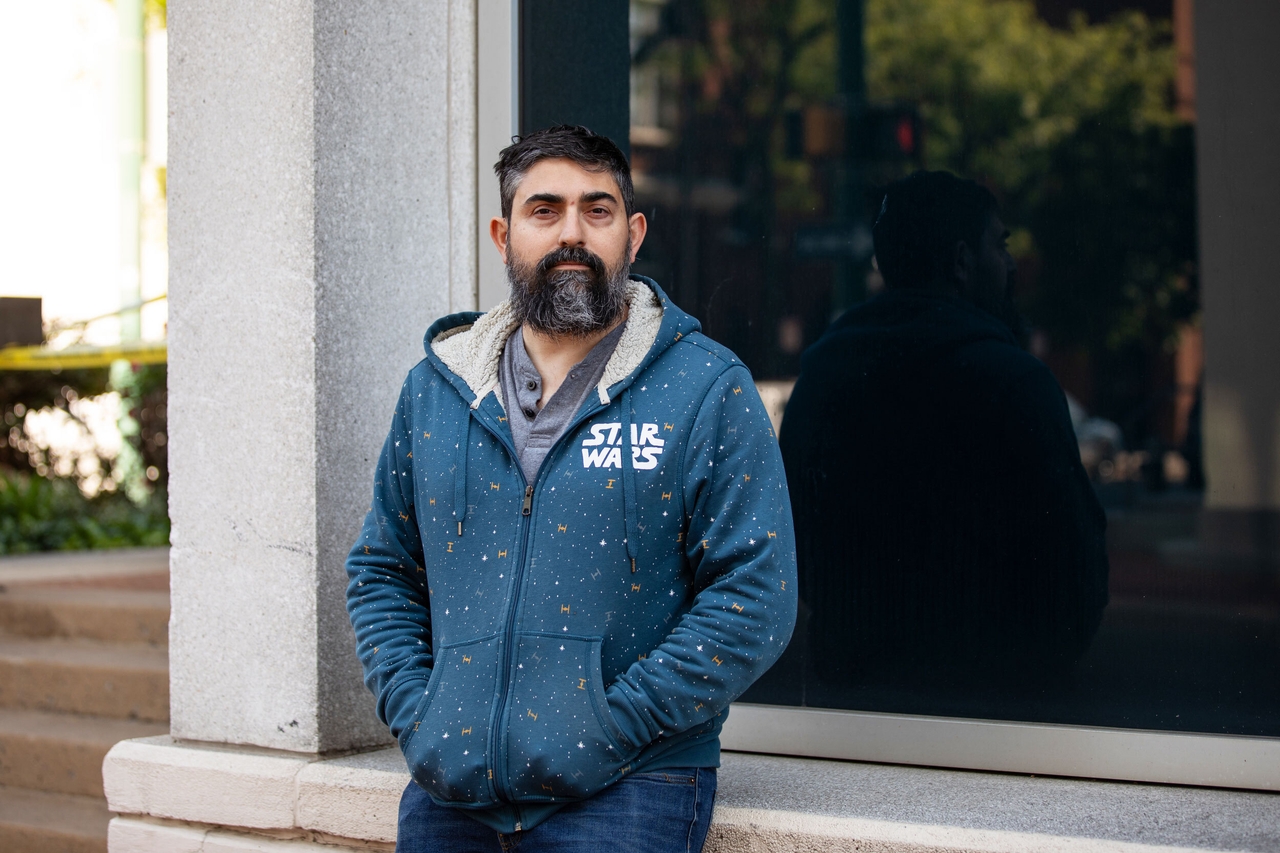 Patrick Dattilio, 38, outside the Washington County Commissioners meeting in Hagerstown, Md., on May 5, 2026. Earlier this year, Dattilio created a Signal group for people in his hometown who wanted to fight the president’s immigration crackdown. It's grown to over 500 members.