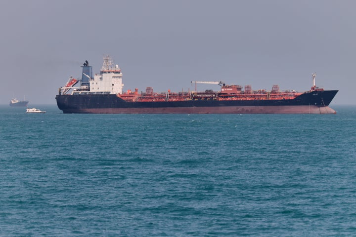 An oil tanker sits at anchor in the Strait of Hormuz off Bandar Abbas, Iran, on May 2, 2026.