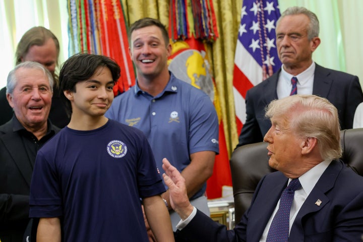 President Donald Trump caught a young boy off guard when he asked if he thought he could "take" him in a fight during Wednesday event at the White House, pictured here.