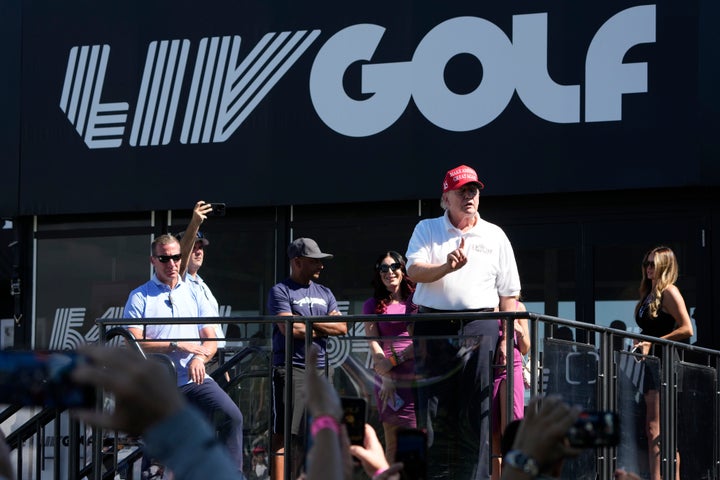 Then-Former President Donald Trump talks to people in the crowd during the final round of the Bedminster Invitational LIV Golf tournament in 2023 in Bedminster, New Jersey.