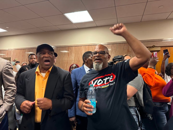 Protestors fill the halls in the Louisiana Legislature in Baton Rouge during a Senate committee hearing Friday, May 8, 2026 on redistricting. (AP Photo/Jack Brook)