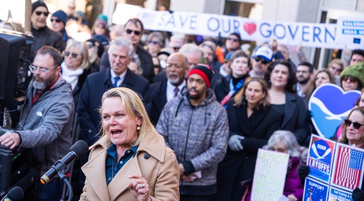 Rep. April McClain Delaney (D-Md.) speaks during a rally outside National Oceanic and Atmospheric Administration headquarters to oppose the recent worker firings, in Sliver Spring, Maryland, on Monday, March 3, 2025.