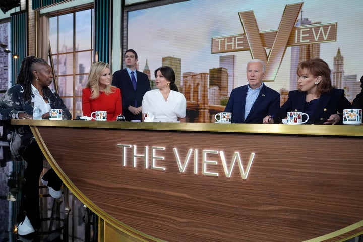 President Joe Biden joins ABC's "The View" for a live interview in New York, Wednesday, Sept. 25, 2024. With the President are Whoopi Goldberg, Joy Behar, Sunny Hostin, Sara Haines, Alyssa Farah Griffin and Ana Navarro. (AP Photo/Manuel Balce Ceneta)