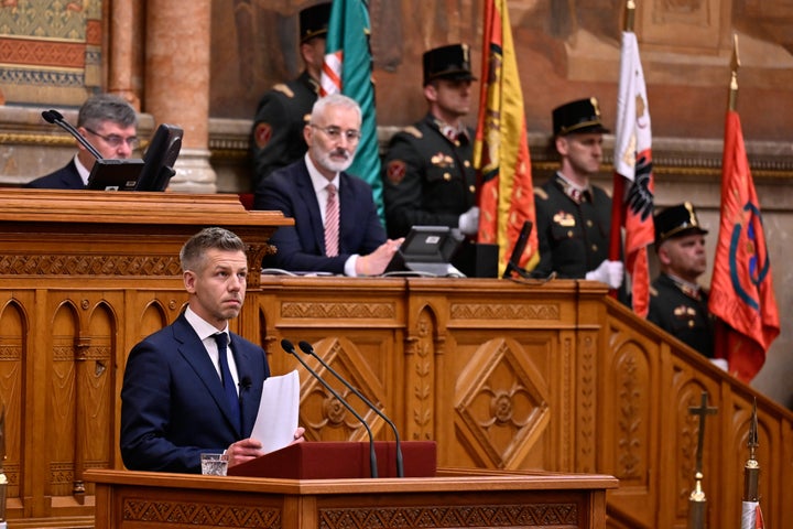 Peter Magyar is sworn in as prime minister of Hungary at a ceremony in Budapest, Hungary, on Saturday, May 9, 2026. (AP Photo/Denes Erdos)