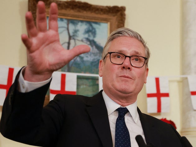 Britain's Prime Minister Keir Starmer delivers a speech during a reception marking St. George's Day at Downing Street in London, Britain, Monday, April 20, 2026. (Phil Noble/Pool Photo via AP)