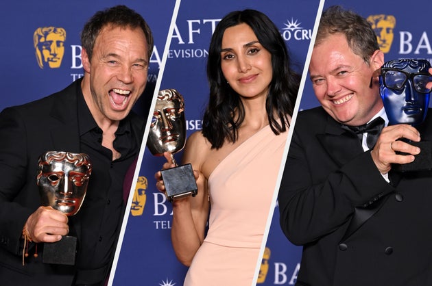 Stephen Graham, Narges Rashidi and Alan Carr celebrating their wins at the 2026 TV Baftas