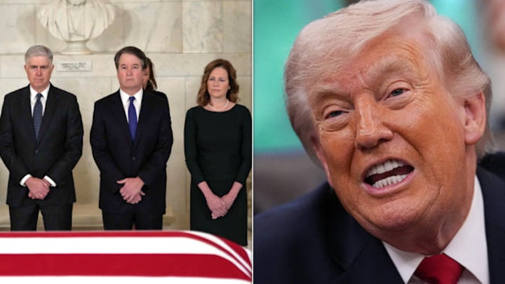Donald Trump, right, and his Supreme Court appointees (from left) Neil Gorsuch, Brett Kavanaugh and Amy Coney Barrett