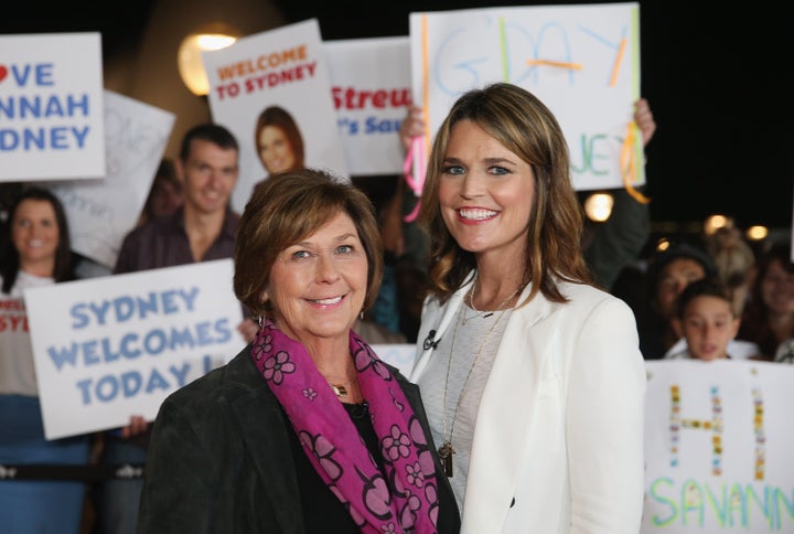 Savannah Guthrie poses alongside her mother, Nancy Guthrie, during a production break on NBC's "Today Show" on May 4, 2015, in Sydney.