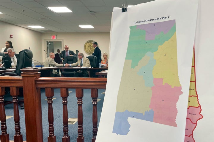 FILE - A map of a GOP proposal to redraw Alabama's congressional districts is displayed at the Alabama Statehouse in Montgomery, Ala., July 18, 2023. The Supreme Court is allowing work to proceed on a new Alabama congressional map with greater representation for Black voters, rejecting the state’s plea to retain Republican-drawn lines struck down by a lower court.