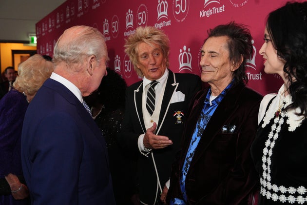 King Charles meets Rod Stewart, Ronnie and Sally Wood, at A King's Trust celebration at the Royal Albert Hall.